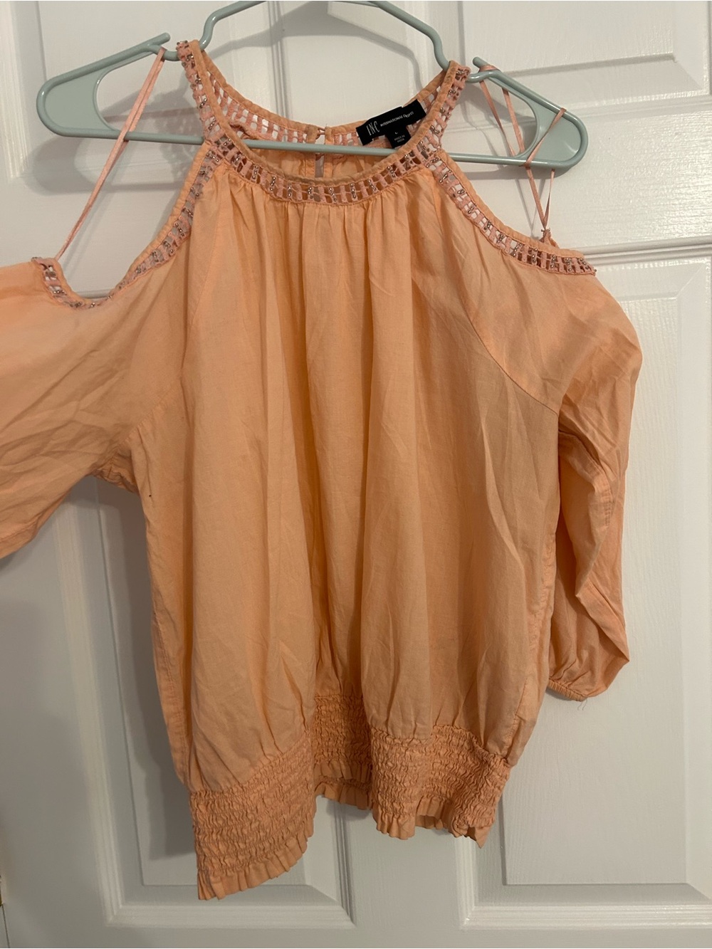 INC International Concepts Peach Cold-Shoulder Crochet-Trim Blouse